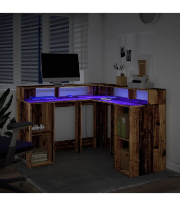 vidaXL Desk with LED Lights Old Wood 130x130x91 cm Engineered Wood