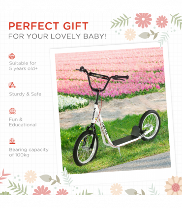 HOMCOM 90-96cm Kids Kick Scooter Adjustable Handlebar Inflatable Wheels White