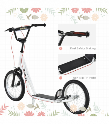 HOMCOM 90-96cm Kids Kick Scooter Adjustable Handlebar Inflatable Wheels White