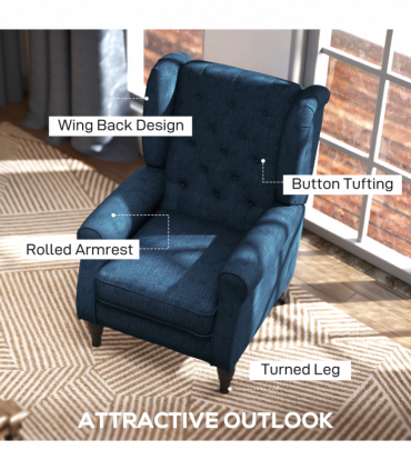 HOMCOM Accent Armchair Home Furniture Retro Tufted Club Wood Fabric Blue
