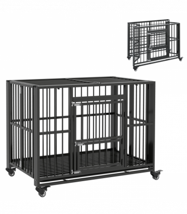 PawHut 43" Foldable Heavy Duty Dog Crate with Locks, Removable Tray, Wheels