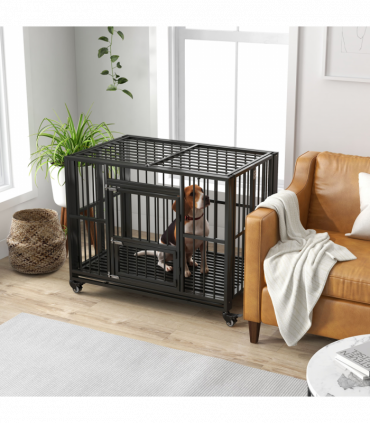 PawHut 43" Foldable Heavy Duty Dog Crate with Locks, Removable Tray, Wheels