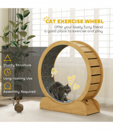 PawHut Cat Treadmill, 39.4" Wooden Cat Running Wheel with Brake, Natural
