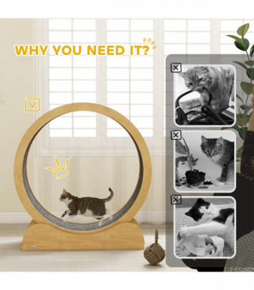 PawHut Cat Treadmill, 39.4" Wooden Cat Running Wheel with Brake, Natural