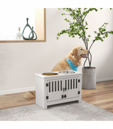 PawHut Raised Dog Bowls for Large Dogs Feeding Station w/ Stand, Storage - White