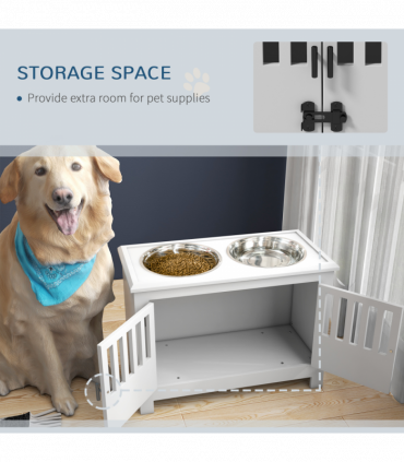 PawHut Raised Dog Bowls for Large Dogs Feeding Station w/ Stand, Storage - White