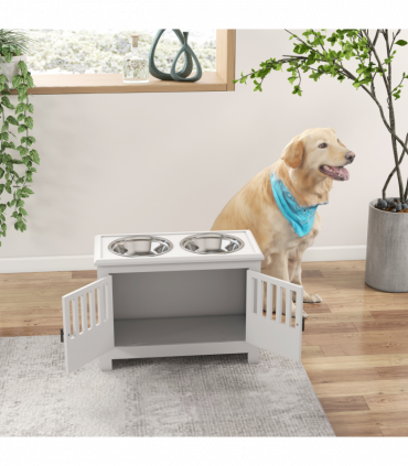 PawHut Raised Dog Bowls for Large Dogs Feeding Station w/ Stand, Storage - White