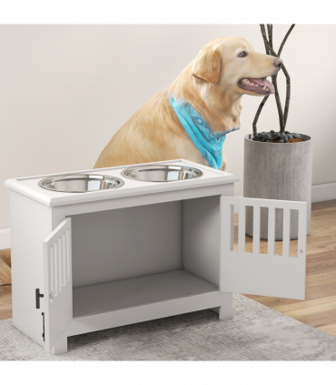 PawHut Raised Dog Bowls for Large Dogs Feeding Station w/ Stand, Storage - White