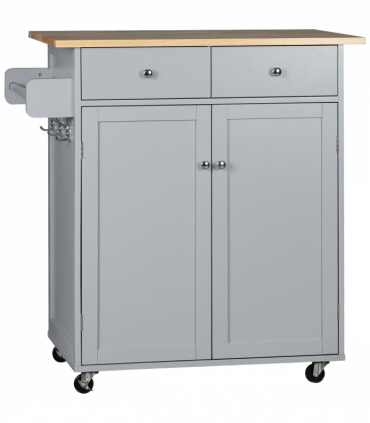 Rolling Kitchen Cart with Rubber Wood Top, Towel Rack, Hooks and Drawers Grey