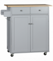 Rolling Kitchen Cart with Rubber Wood Top, Towel Rack, Hooks and Drawers Grey