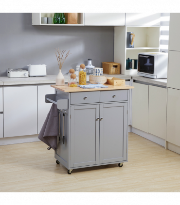 Rolling Kitchen Cart with Rubber Wood Top, Towel Rack, Hooks and Drawers Grey