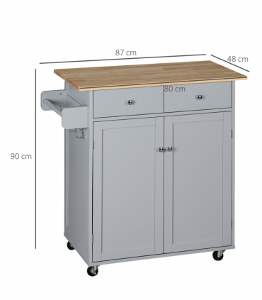 Rolling Kitchen Cart with Rubber Wood Top, Towel Rack, Hooks and Drawers Grey