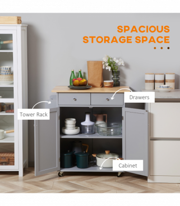 Rolling Kitchen Cart with Rubber Wood Top, Towel Rack, Hooks and Drawers Grey