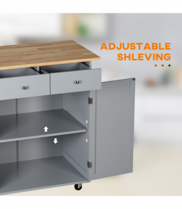 Rolling Kitchen Cart with Rubber Wood Top, Towel Rack, Hooks and Drawers Grey