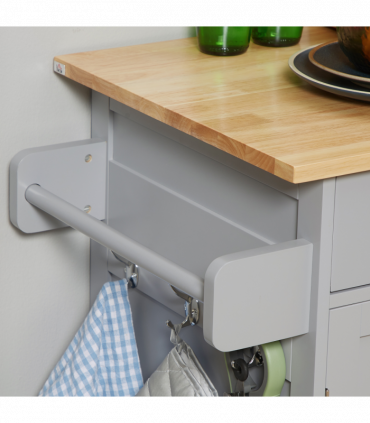 Rolling Kitchen Cart with Rubber Wood Top, Towel Rack, Hooks and Drawers Grey