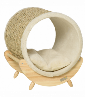 Elevated Cat House Kitten Bed Pet Shelter with Scratcher Cushion, Beige