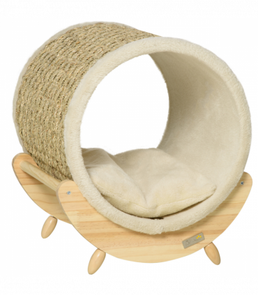 Elevated Cat House Kitten Bed Pet Shelter with Scratcher Cushion, Beige