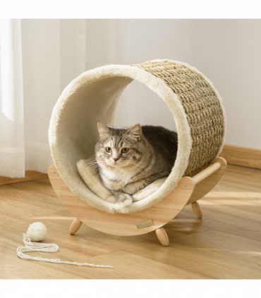 Elevated Cat House Kitten Bed Pet Shelter with Scratcher Cushion, Beige