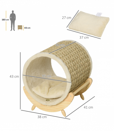 Elevated Cat House Kitten Bed Pet Shelter with Scratcher Cushion, Beige