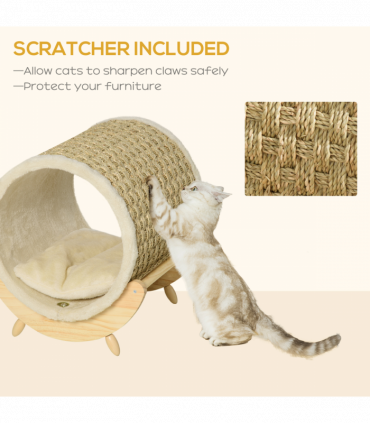 Elevated Cat House Kitten Bed Pet Shelter with Scratcher Cushion, Beige