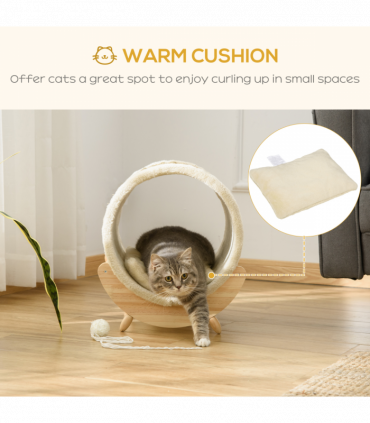 Elevated Cat House Kitten Bed Pet Shelter with Scratcher Cushion, Beige