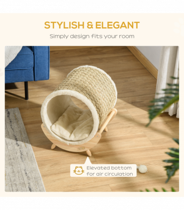 Elevated Cat House Kitten Bed Pet Shelter with Scratcher Cushion, Beige