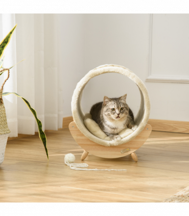 Elevated Cat House Kitten Bed Pet Shelter with Scratcher Cushion, Beige