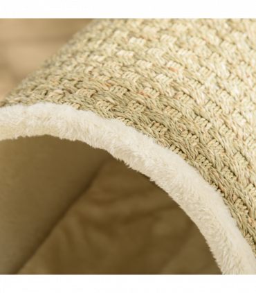 Elevated Cat House Kitten Bed Pet Shelter with Scratcher Cushion, Beige