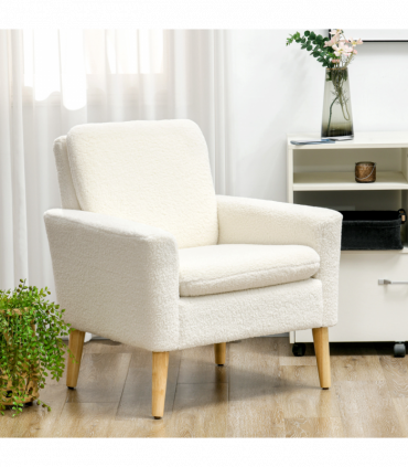 HOMCOM Modern Accent Chair with Wood Legs, Wide Seat, Teddy Armchair, Cream