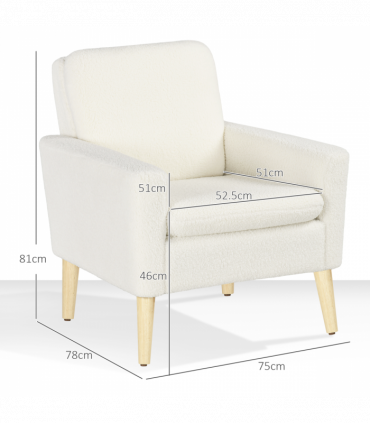 HOMCOM Modern Accent Chair with Wood Legs, Wide Seat, Teddy Armchair, Cream