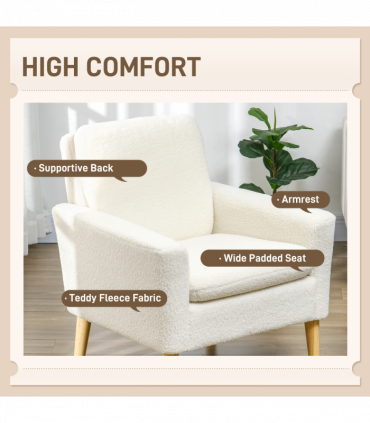 HOMCOM Modern Accent Chair with Wood Legs, Wide Seat, Teddy Armchair, Cream