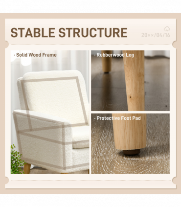 HOMCOM Modern Accent Chair with Wood Legs, Wide Seat, Teddy Armchair, Cream