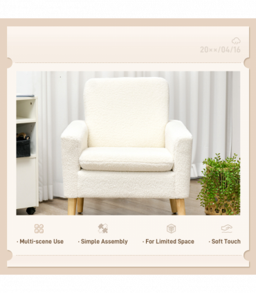 HOMCOM Modern Accent Chair with Wood Legs, Wide Seat, Teddy Armchair, Cream