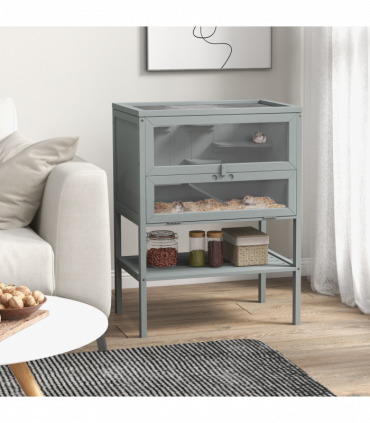 PawHut Wooden Hamster Cage w/ Storage Shelf, Openable Top for Gerbils, Grey