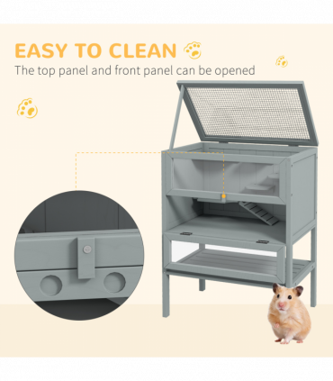 PawHut Wooden Hamster Cage w/ Storage Shelf, Openable Top for Gerbils, Grey