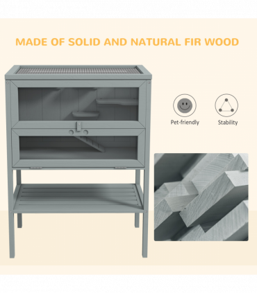 PawHut Wooden Hamster Cage w/ Storage Shelf, Openable Top for Gerbils, Grey