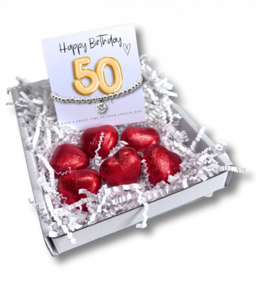 50th Birthday Cubic Zirconia Silver Bracelet & Gold Balloon Mini Gift Hamper