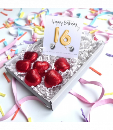 16th Birthday Cubic Zirconia Silver Earrings & Gold Balloons Mini Gift Hamper