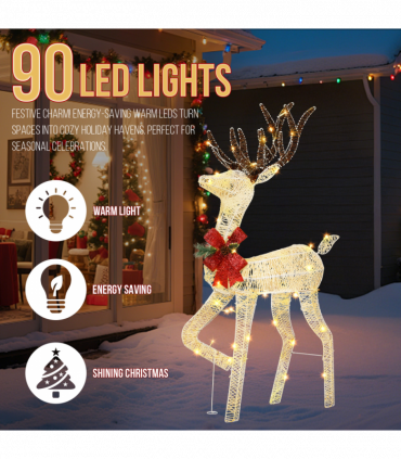1.2M Lighted Reindeer Christmas Decorations, Pre-lit Holiday Decor with 90 Warm White LED Lights for Xmas Outdoor Indoor Decor Lighted Holiday Displays, White