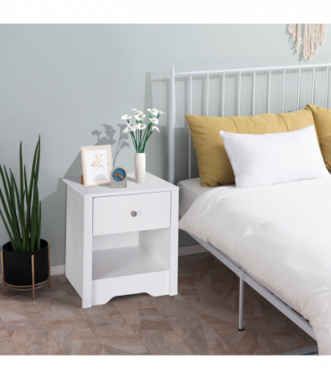 Solid wood White & Silver handle 53Wx42.5Dx59H cm Bedside Table-White