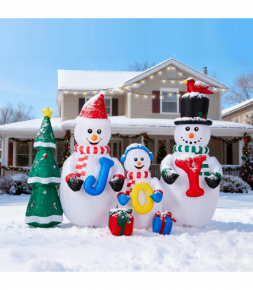 2.4M Lighted Christmas Inflatable Decoration, Inflatable Snowman Family with JOY and Xmas Tree, Funny Blow Up Yard Decorations with Built-in LED Lights for Holiday Party Front Yard Lawn Garden Decor