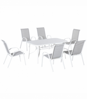 Outdoor Dining Set 6 Seater Grey Mesh Fabric 150cm x 90cm x 71cm Glass Table