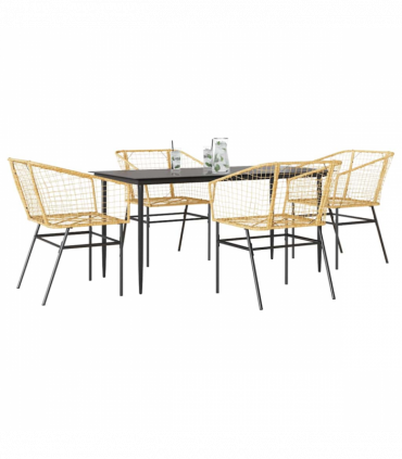 vidaXL 5 Piece Garden Dining Set Brown Poly Rattan Glass