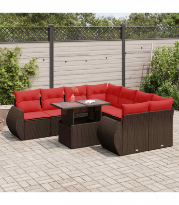 vidaXL 9 Piece Garden Sofa Set with Cushions Brown Poly Rattan Acacia