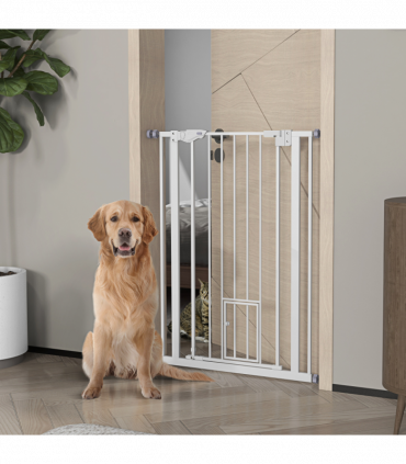 PawHut Extra Tall Dog Gate with Cat Door Auto Close for Stairs 74-80 cm Wide