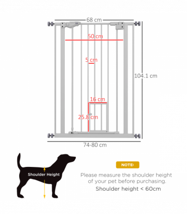 PawHut Extra Tall Dog Gate with Cat Door Auto Close for Stairs 74-80 cm Wide