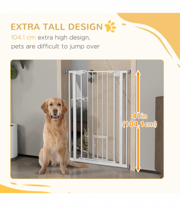 PawHut Extra Tall Dog Gate with Cat Door Auto Close for Stairs 74-80 cm Wide