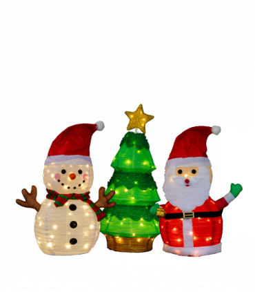 Set of 3 Lighted Santa and Snowman and Xmas Tree Christmas Decorations, Pre-lit Pull Up Holiday Decor with 150 Warm White LED Lights for Xmas Outdoor Indoor Decor Lighted Holiday Displays