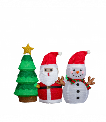 Set of 3 Lighted Santa and Snowman and Xmas Tree Christmas Decorations, Pre-lit Pull Up Holiday Decor with 150 Warm White LED Lights for Xmas Outdoor Indoor Decor Lighted Holiday Displays