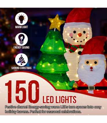 Set of 3 Lighted Santa and Snowman and Xmas Tree Christmas Decorations, Pre-lit Pull Up Holiday Decor with 150 Warm White LED Lights for Xmas Outdoor Indoor Decor Lighted Holiday Displays